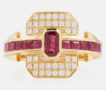 Rainbow K Ring Shield aus 18kt Gelbgold mit Diamanten und Rubinen
