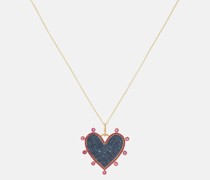 Halskette Halo Heart aus 18kt Gelbgold mit Rubinen und Saphiren