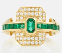 Rainbow K Ring Shield aus 18kt Gelbgold mit Diamanten und Smaragden