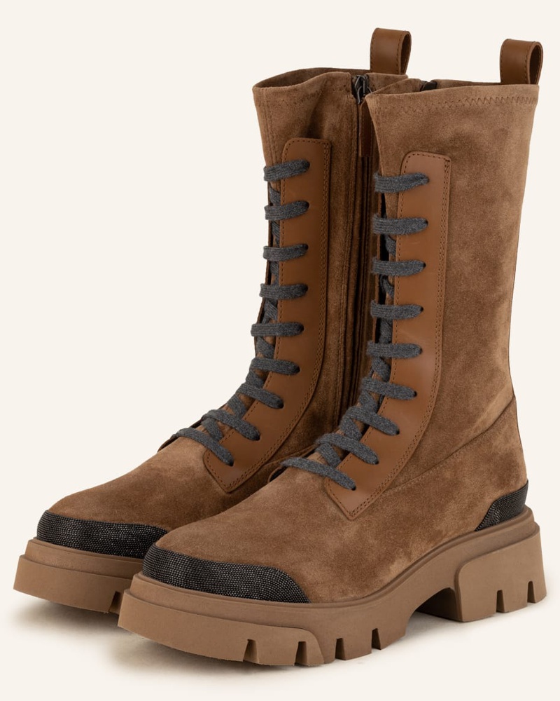 Brunello Cucinelli Wildleder Verzierte Ankle Boots aus Veloursleder in Grau Damen Stiefel Brunello Cucinelli Stiefel 