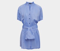 Kurzarm Kleid mit gerüschtem Stehkragen aus Baumwolle Hellblau