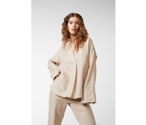 Oversize Bluse mit Hemdblusenkragen und V-Ausschnitt Beige