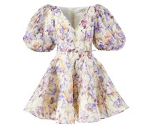 Leinen-Seiden-Kleid mit Puffärmeln Violett/Crème