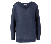Leinen-Seiden-Pullover mit V-Ausschnitt Marineblau